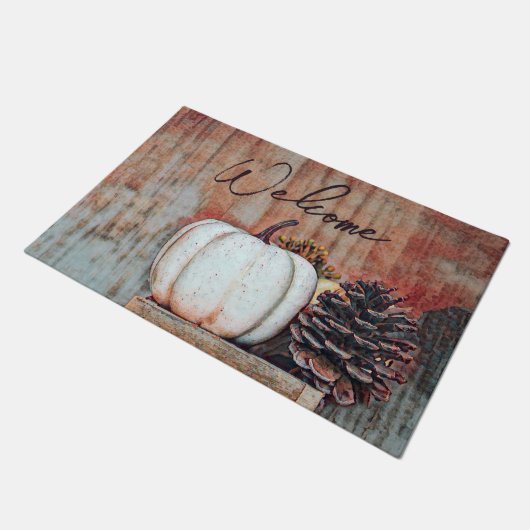 Pumpkin White Autumn Rustic Farmhouse Welkom Deurmat (Schuin)