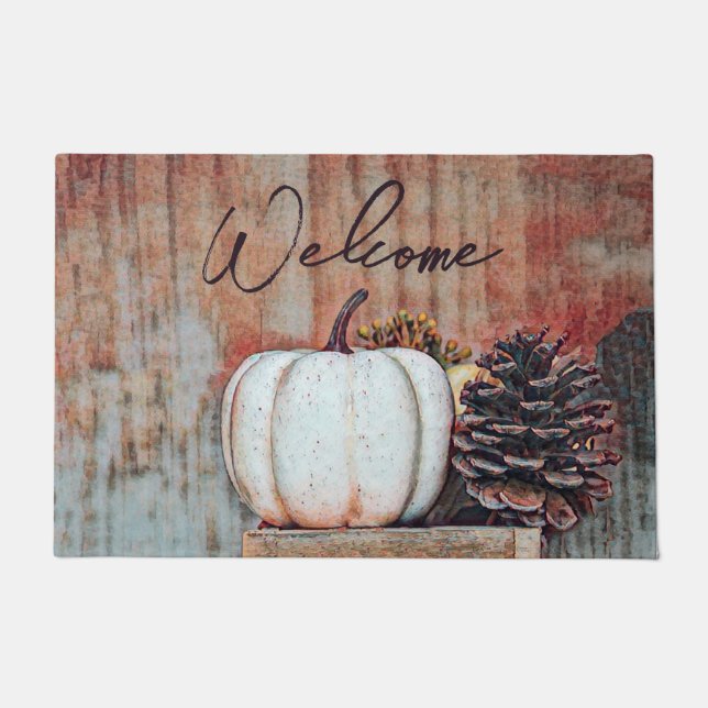 Pumpkin White Autumn Rustic Farmhouse Welkom Deurmat (Voorkant)