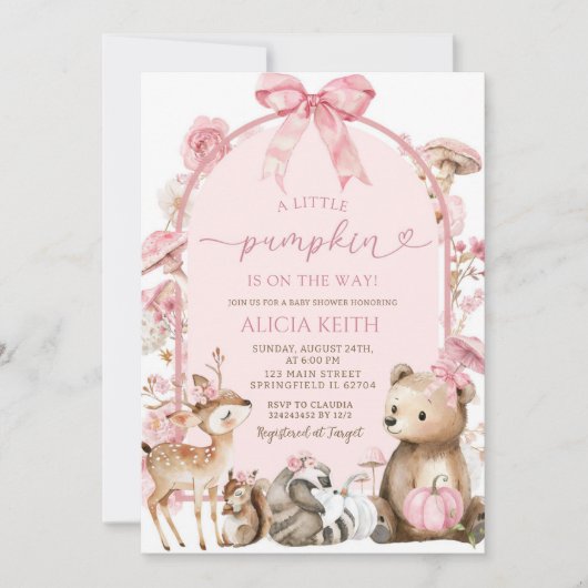 Pumpkin White en Pink Forest Woodland Baby shower Kaart (Voorkant)