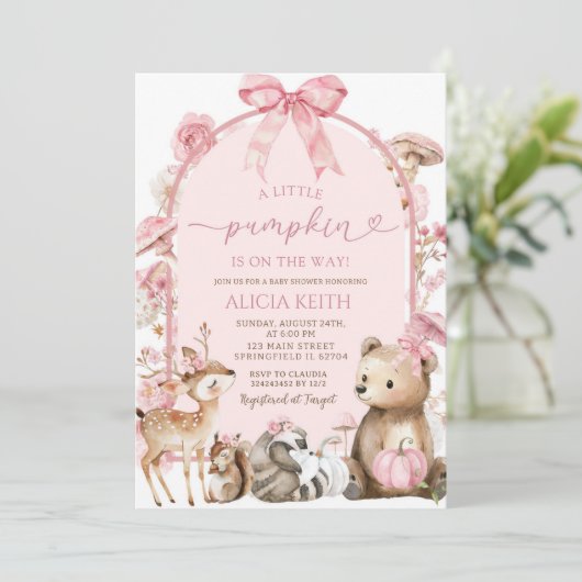 Pumpkin White en Pink Forest Woodland Baby shower Kaart (Staand voorkant)