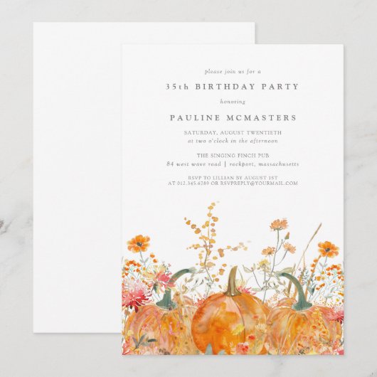Pumpkin Wildflower Fall Watercolor 35th Birthday  Kaart (Voorkant / Achterkant)