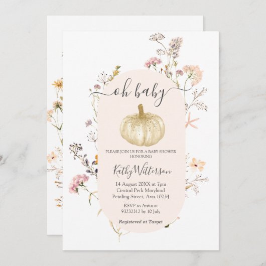 Pumpkin Wildflower Waterverf Baby Uitnodiging (Voorkant / Achterkant)