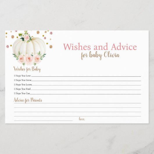 Pumpkin Wishes en Advies Baby shower Game Flyer (Voorkant)