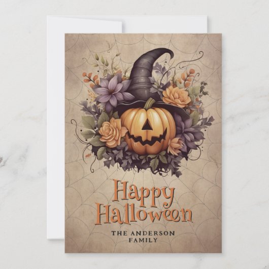Pumpkin Witch Hat Cobweb Floral Halloween Card Feestdagenkaart (Voorkant)