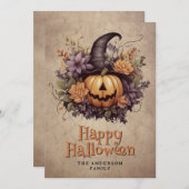 Pumpkin Witch Hat Cobweb Floral Halloween Card Feestdagenkaart (Voorkant / Achterkant)