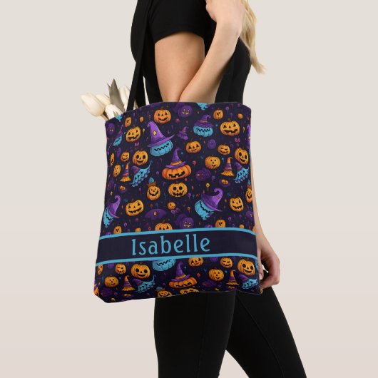 Pumpkin Witch Pet Navy Canvas tas (Dichtbij)