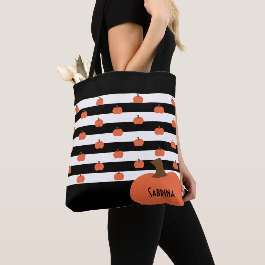 Pumpkin with Black & White Stripes - Personalized  Tote Bag (Dichtbij)
