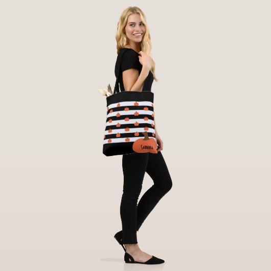 Pumpkin with Black & White Stripes - Personalized Tote Bag (Op model)