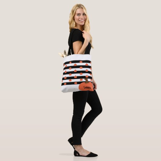 Pumpkin with White & Black Stripes - Personalized Tote Bag (Op model)
