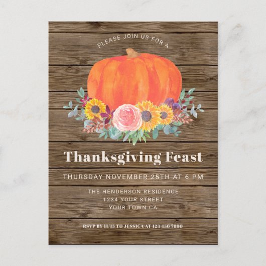 Pumpkin Wood Thanksgiving Binnengadering Uitnodiging Briefkaart (Voorkant)