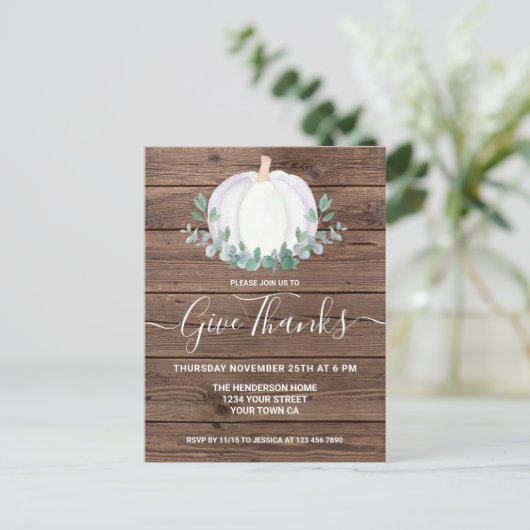 Pumpkin Wood Thanksgiving Briefkaart Uitnodiging (Staand voorkant)