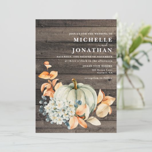 Pumpkin & Wood Weddenschap Uitnodiging Alle kleure (Staand voorkant)