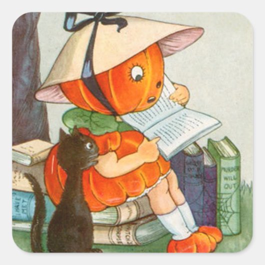 Pumpkinhead Black Cat Jack O Lantaarn Pompoen Vierkante Sticker (Voorkant)
