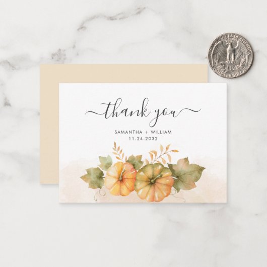 Pumpkins and Leaves Budget Fall Weddenschap Bedank Notitiekaartje (Voorkant / Achterkant in situ)