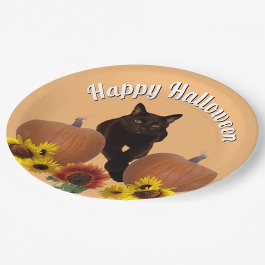 Pumpkins Black Cat met Crossed Paws Halloween Papieren Bordje (Gekanteld)