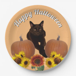 Pumpkins Black Cat met Crossed Paws Halloween Papieren Bordje