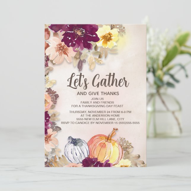 Pumpkins Burgundy Pink Floral Thanksgiving Dinner (Staand voorkant)