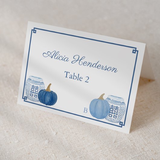 Pumpkins Chinoiserie Blue White Wedard Place Card Kaart