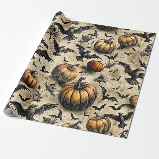 Pumpkins, Crows, and Bats Halloween Pattern (2) Cadeaupapier (Uitgerold)