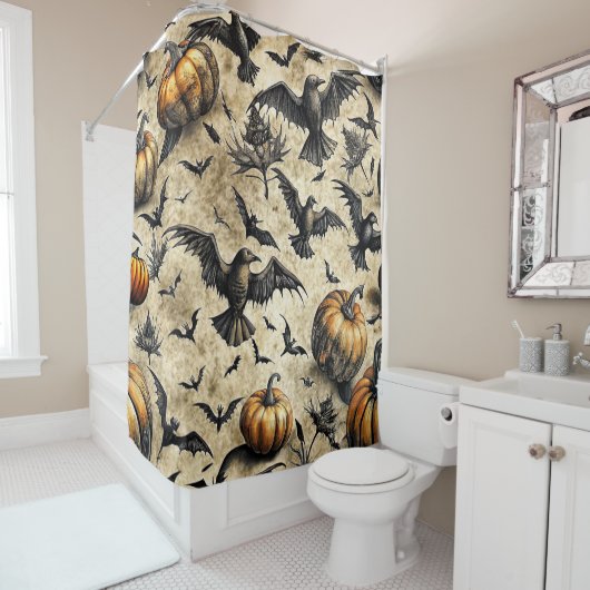Pumpkins, Crows, and Bats Halloween Pattern (2) Douchegordijn (In situ)