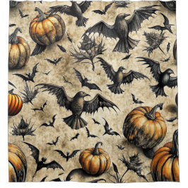 Pumpkins, Crows, and Bats Halloween Pattern (2) Douchegordijn