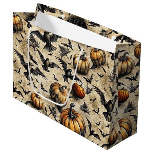 Pumpkins, Crows, and Bats Halloween Pattern (2) Groot Cadeauzakje (Voorkant Gekanteld)