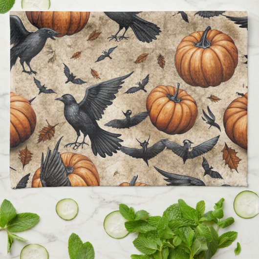 Pumpkins, Crows, and Bats Halloween Pattern Theedoek (Gevouwen)