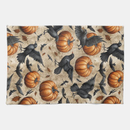 Pumpkins, Crows, and Bats Halloween Pattern Theedoek