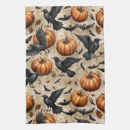 Pumpkins, Crows, and Bats Halloween Pattern Theedoek (Verticaal)
