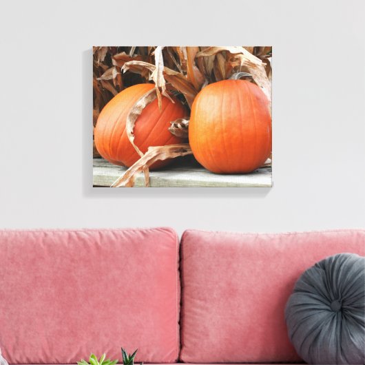 Pumpkins Dried Corn Stalks Autumn Canvas Afdruk (Insitu (Woonkamer))