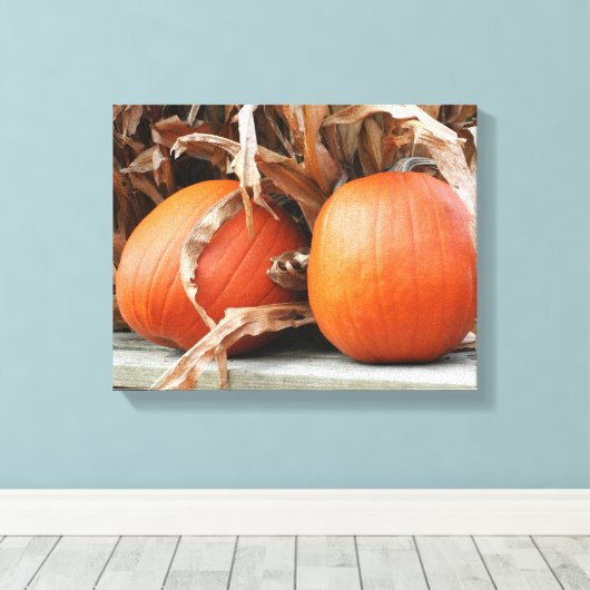 Pumpkins Dried Corn Stalks Autumn Canvas Afdruk (Insitu (Houten vloer))