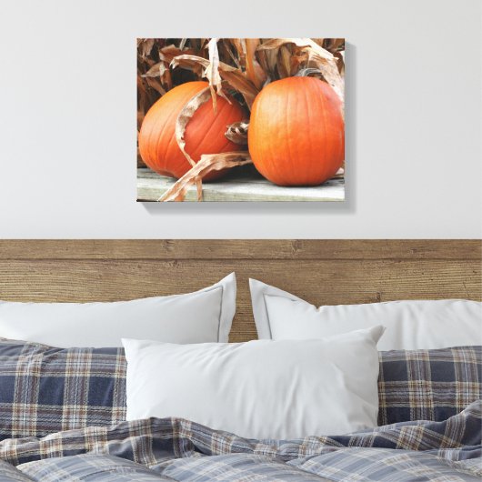 Pumpkins Dried Corn Stalks Autumn Canvas Afdruk (Insitu (Slaapkamer))
