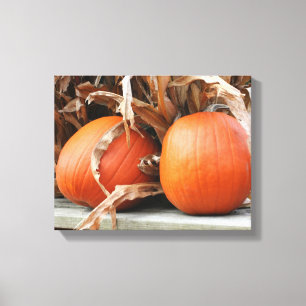 Pumpkins Dried Corn Stalks Autumn Canvas Afdruk
