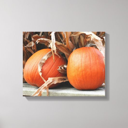 Pumpkins Dried Corn Stalks Autumn Canvas Afdruk (Voorkant)