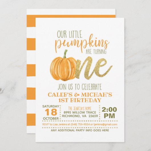 Pumpkins First Birthday Invitation - Boy - Twins Kaart (Voorkant / Achterkant)
