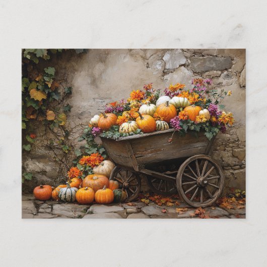 Pumpkins, Flowers, and Leaves in a Wheelbarrow Briefkaart (Voorkant)