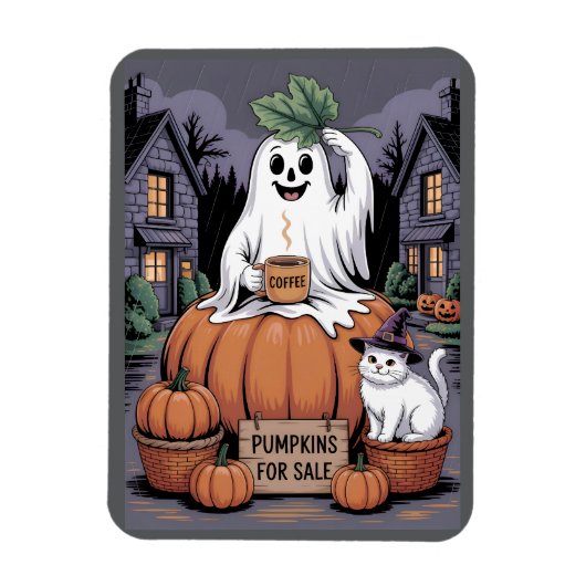 Pumpkins For Sale & Caffeine Ghost & Cat V2 Magneet (Verticaal)