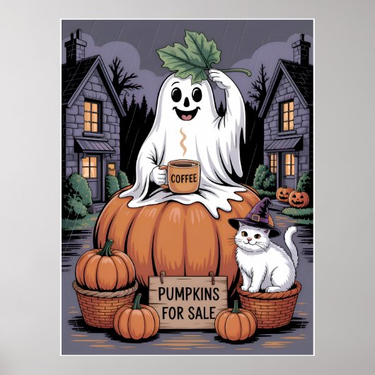 Pumpkins For Sale & Caffeine Ghost & Cat V2 Poster (Voorkant)
