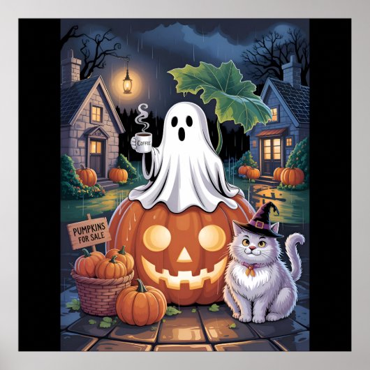 Pumpkins For Sale & Caffeine Ghost With Cat Poster (Voorkant)