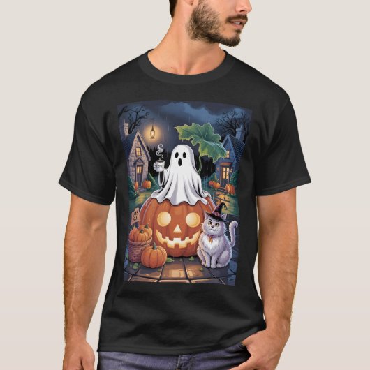 Pumpkins For Sale & Caffeine Ghost With Cat T-shirt (Voorkant)