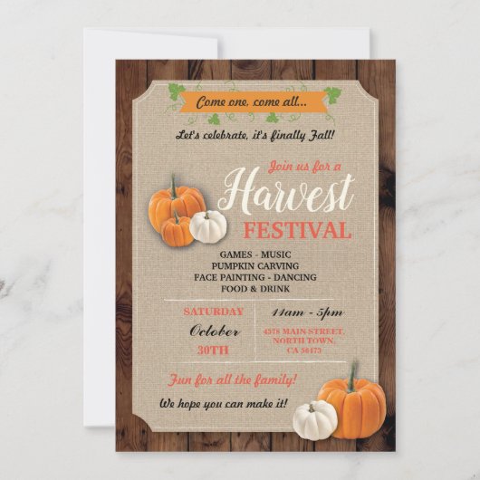 Pumpkins Harvest Festival Rustic Chalk Invite Kaart (Voorkant)