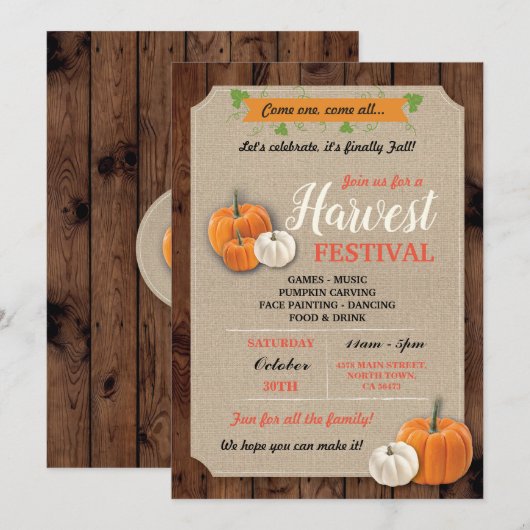 Pumpkins Harvest Festival Rustic Chalk Invite Kaart (Voorkant / Achterkant)