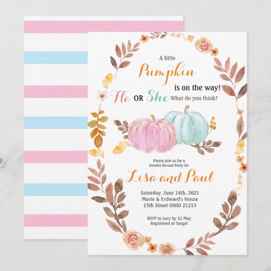 Pumpkins Herfst Gender Reveal Pink Blue Invitation Kaart (Voorkant / Achterkant)