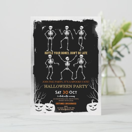 Pumpkins Skeleton Halloween Botten Party Kaart (Staand voorkant)