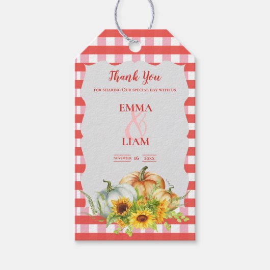 Pumpkins Sunflowers Rustic Fall Wedding Thank You Cadeaulabel (Voorkant)