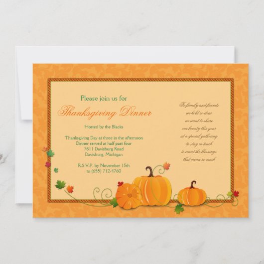 Pumpkins Thanksgiving Dinner Party Invitation Kaart (Voorkant)