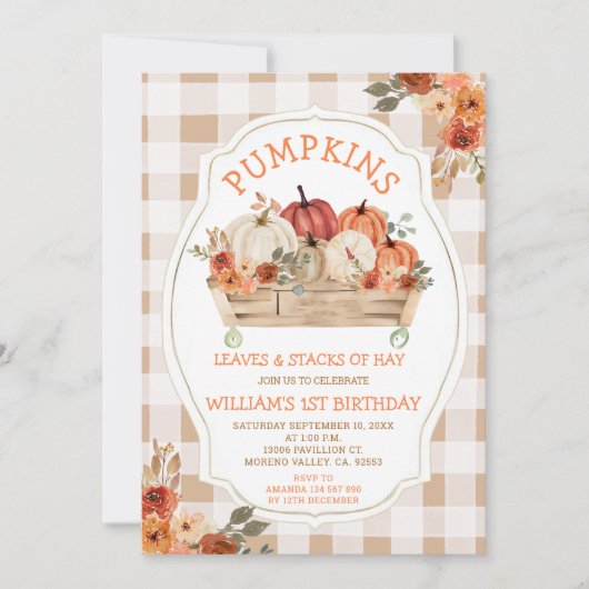 Pumpkins verlaat Hay Autumn Gingham 1st Birthday Kaart (Voorkant)