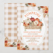 Pumpkins verlaat Hay Autumn Gingham 1st Birthday Kaart (Voorkant / Achterkant)