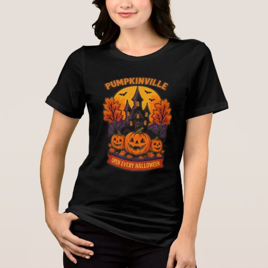 Pumpkinville Haunted House Spooky Fall Tri-Blend Shirt (Voorkant)
