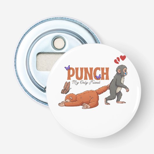 Punch‑kun & Plush Monkey – Kawaii for Kids Button Flesopener (Voorkant)